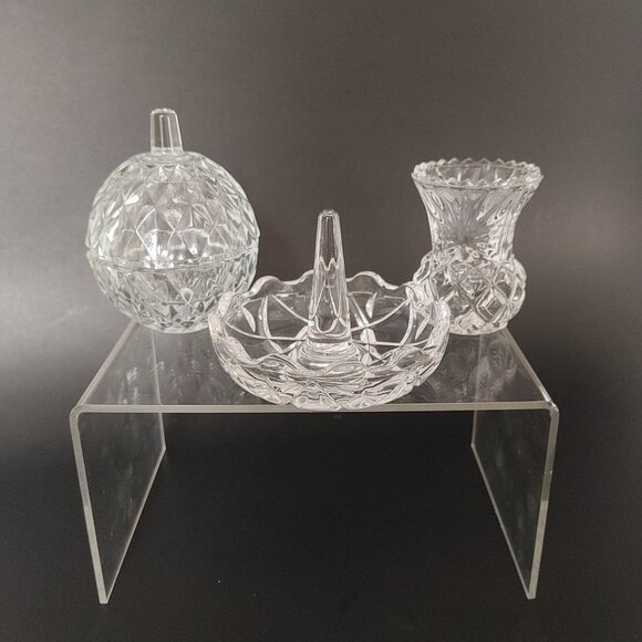 Vintage Pressed Glass Vanity Set | Ring Holder | Lidded Dish| Mini Vase - Picture 1 of 5